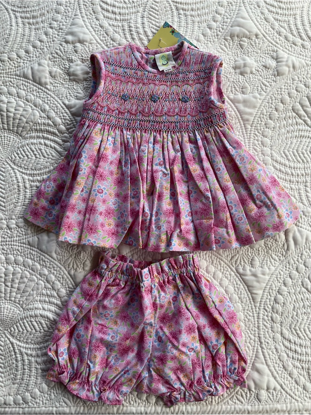 Girls' Pink Floral Smocked Top & Bloomers Matching Set